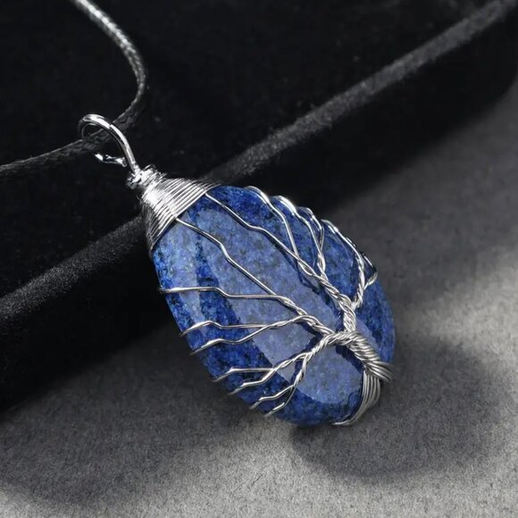 Lapis Lazuli Natural Gemstone Tree Of Life Wire Wrap Pendant Necklace - Picture 1 of 1